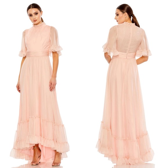 Mac Duggal Dresses & Skirts - NWT 68229 Mac Duggal High Neck Sheer Ruffle Short Sleeve Maxi Gown Blush
